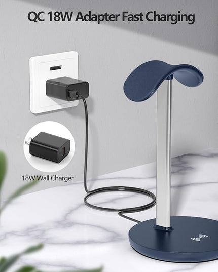 Miroddi Headphone Stand with Wireless Charger, Independent USB Charging Port, 5 in 1 Charging Station Headset Holder Rack for iWatch, iPhone, Samsung and Desk All Headphones, Dark Blue
