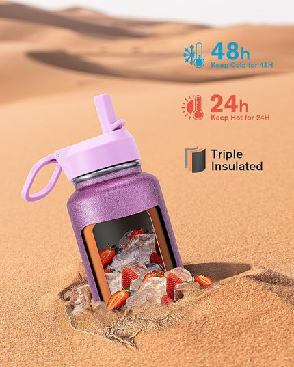 Coolflask Water Bottle 32 oz Insulated with Straw, Stainless Steel Metal 3 Lids Water Flask Wide Mouth for Sports or Office, Non-BPA Keep Cold Up to 48 Hrs or Hot Up to 24 Hrs, Glitter Pink