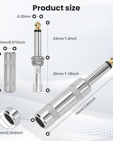 6.35mm 1/4 Inch TS Mono Plug 4 Pack, 1/4" Solder Type DIY Audio Cable Straight Adapter Connector, Metal Housing, Durable and Heavy-Duty for Guitar/Speaker/Microphone Audio Cable Repair Replacement