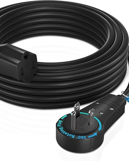 Maximm Extension Cord 15 Feet – 360° Rotating Flat Plug, 3-Prong Grounded Power Cable – UL Certified, 13A 125V, Heavy Duty 14AWG Wire – Ideal for Tight Spaces Behind Furniture – Black
