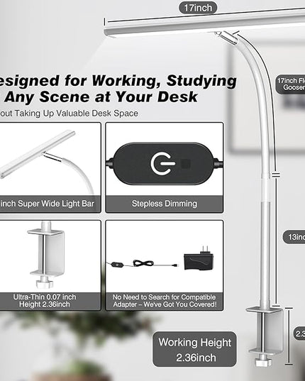 LED Desk Lamp for Office Home, Eye-Caring Desk Light with Stepless Dimming Adjustable Flexible Gooseneck, 10W USB Adapter Desk Lamp with Clamp for Reading, Study, Workbench (White)