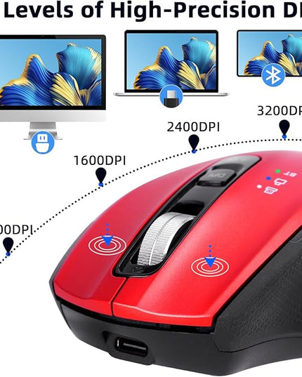 Wireless Bluetooth Mouse with USB A, USB C Receiver, Rechargeable, Multi Device Mouse, Silent, Ergonomic, Full Size, Portable, for iPad/MacBook/PC/Computer/Laptop-Red