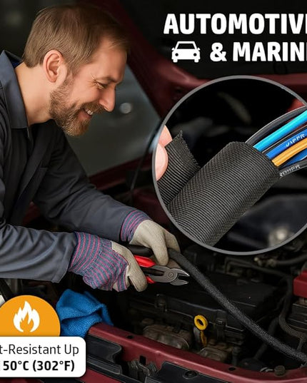 MGI SpeedWare Woven Mesh Split-Sleeve Wire Loom for High-Temperature Automotive Harness and Home Cable Management - 25 feet (1/4")