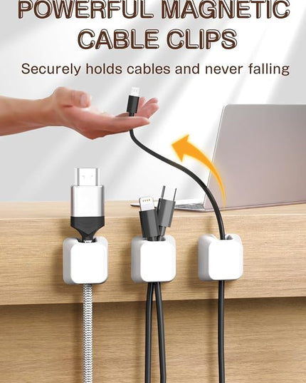 Maveek Magnetic Cable Clips, 5 Pack Square Cord Organizer with Magnets and Metal Plates, Silicone Cable Holders for USB C, HDMI, Ethernet, Charging Cords – Desk, Wall, Office & Car Use (White)