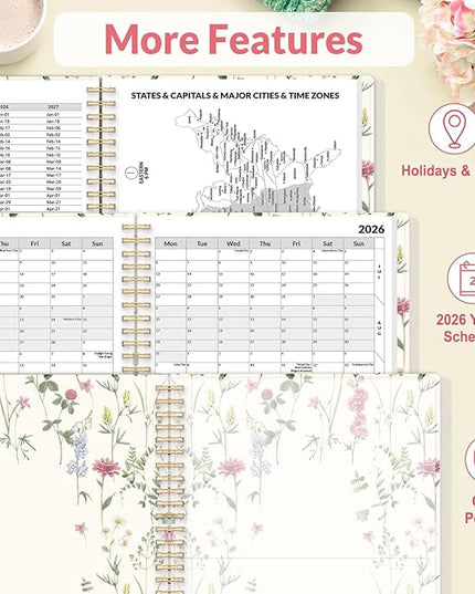 SUNEE 2026 Appointment Book 15-Minute Time Block - Daily, Weekly & Monthly Spiral Planner with Note Section - Thick Paper, Lay-Flat Bound - 8.5 x 11 for Office, School, Men & Women, Wildflowers