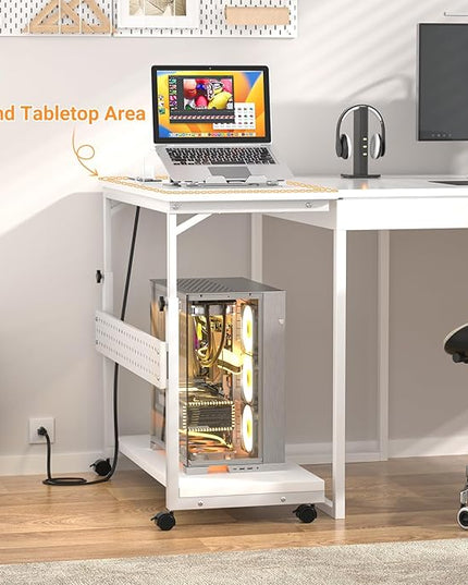 32" Large Computer Tower Stand with Power Strips, 4 Levels Manual Height Adjustable PC Tower Stand for Under Desk, Mobile Rolling CPU Holder Computer Cart with Wheels, Carbon Fiber White