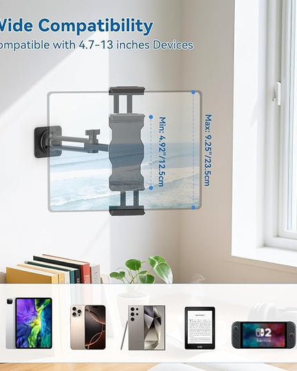 KDD Tablet Wall Mount Holder, Adjustable Extendable Arm iPad Wall Stand with Sturdy Metal Base, 360°Rotating Phone Tablet Bracket Fits iPad Pro Air Mini, Galaxy Tab, All 4.7-13" Phones and Tablets
