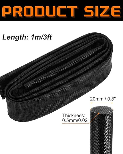 MECCANIXITY 3ft Braided Cable Sleeve, 0.8" ID 200C High Temperature 1500V Fiberglass Wire Insulation Cord Protector Organizer Wires Management for Motor Engine Fuel Line, Black