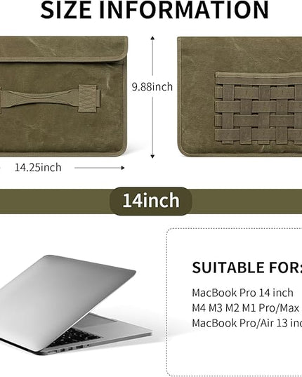 Eco-Friendly Laptop Sleeve 14 Inch Compatible with MacBook Pro 14 M4 M3 M2 M1 Pro/Max Case, Military Retro-Style Protective Cover for 13-14 Inch,Army Green