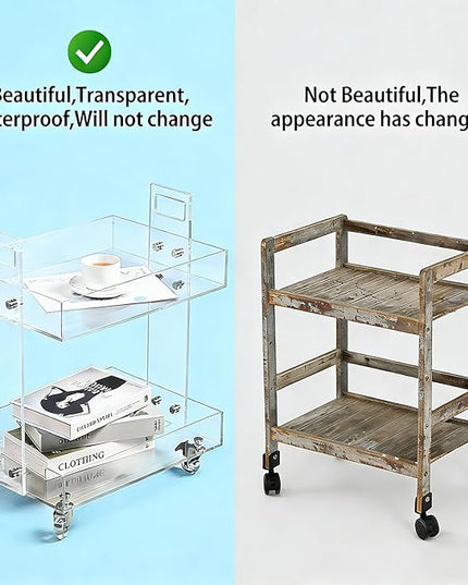 Clear Acrylic 2-Tier Rolling Cart – Modern Side Table with Wheels, Multi-Functional Storage Cart for Living Room & Bedroom, Mobile End Table or Movable Bedside Organizer