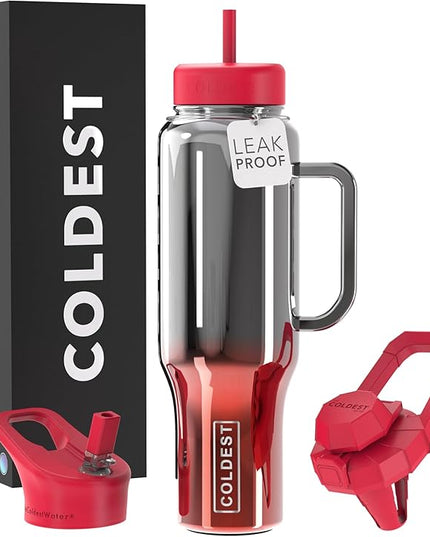 Coldest Tumbler with Handle and Straw - 100% Spill Proof Tumbler with Straw (3 Lids) - Stainless Steel Insulated Leakproof Tumblers for Women & Men - Cup Holder Friendly - 46 oz (Fire Nova)