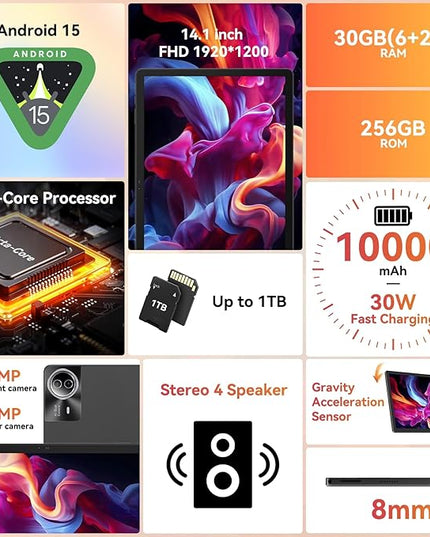 URAO Tablet｜14 inch Android 15 Tablet｜30GB RAM 256GB ROM｜1920 * 1200 IPS FHD｜10000mAh 30W Fast Charging｜Octa-core Processor｜Wi-Fi 6, BT 5.4｜Dual Camera with Keyboard｜Mouse｜Stylus｜Case｜Headphone
