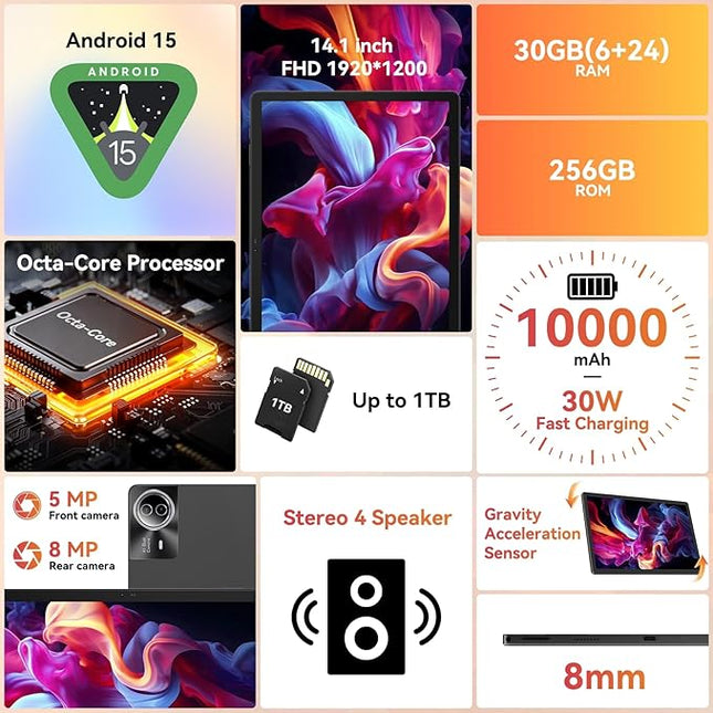 URAO Tablet｜14 inch Android 15 Tablet｜30GB RAM 256GB ROM｜1920 * 1200 IPS FHD｜10000mAh 30W Fast Charging｜Octa-core Processor｜Wi-Fi 6, BT 5.4｜Dual Camera with Keyboard｜Mouse｜Stylus｜Case｜Headphone