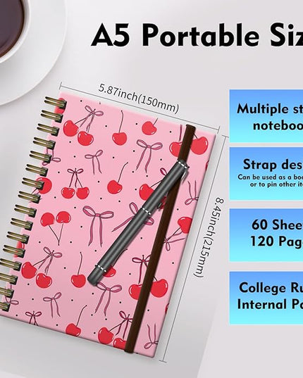 Spiral Journal Notebook, A5 Cute Notebooks for Women Men, College Ruled Hardcover Notebook for Work & Note Taking, 60 Pages Double-Wire Journals for Writing (Cute Cherry Bow)