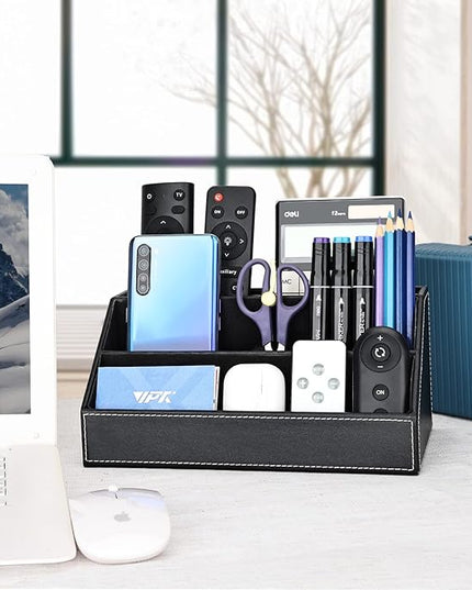 KINGFOM Pu Leather Desk Organizer with 5 Compartments Holder, Multi-Functional Office Supplies Storage Caddy for Pen/Pencil, Phones, Remote Controller and Desktop Accessorie Black