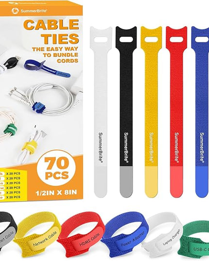 70 Pack Multi-Color Cable Ties 8 Inch with Writable Labels, Reusable Cord Organizer Straps, Hook & Loop Wire Management for TV, Audio, Ethernet, Electronics & Heavy Duty Cords