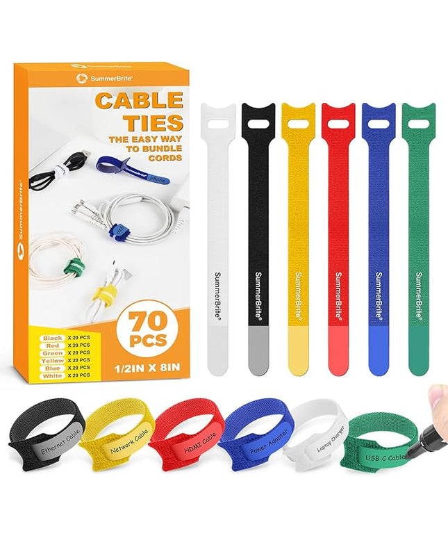 70 Pack Multi-Color Cable Ties 8 Inch with Writable Labels, Reusable Cord Organizer Straps, Hook & Loop Wire Management for TV, Audio, Ethernet, Electronics & Heavy Duty Cords
