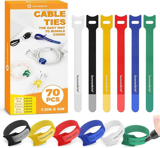 70 Pack Multi-Color Cable Ties 8 Inch with Writable Labels, Reusable Cord Organizer Straps, Hook & Loop Wire Management for TV, Audio, Ethernet, Electronics & Heavy Duty Cords