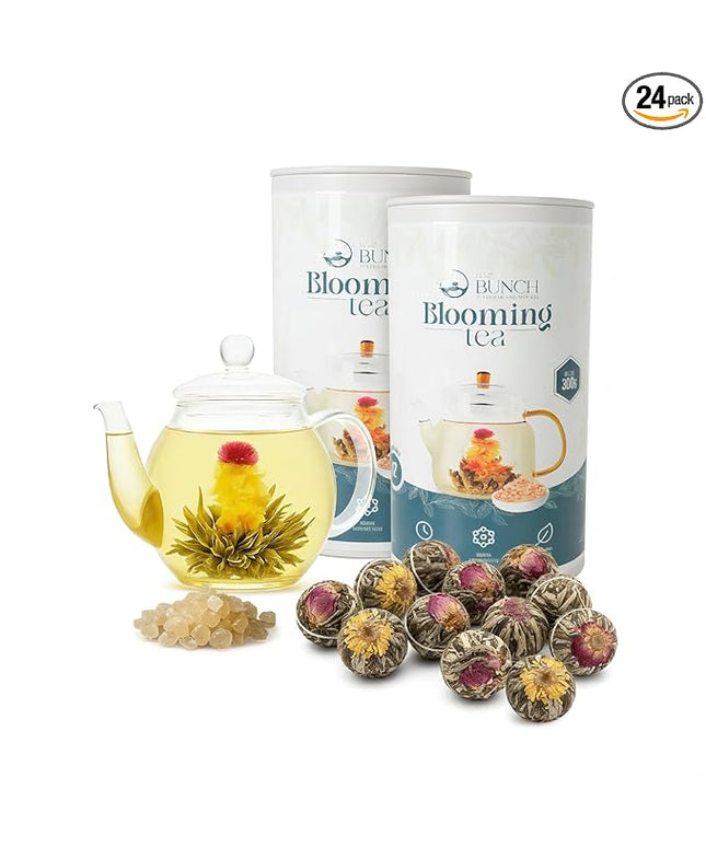 Tea Bunch Blooming Flower Tea Set – 12x2 Hand-Tied Organic Green Tea Balls with 24 Packs of Rock Sugar, Gift-Ready Packaging, Calming Floral Tea for Wellness & Relaxation (Glass Teapot Not Included)