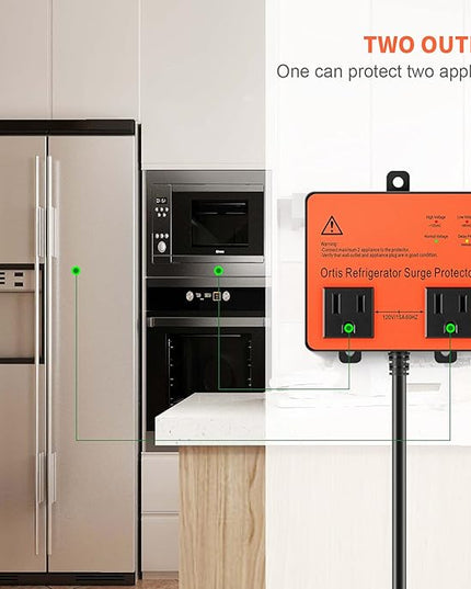 Refrigerator Surge Protector, Ortis Double Outlet Voltage Protector for Home Appliances with Time Delay, 5ft Power Cord, Protects Against Brownout, Spike, Instant Surge All Voltage Abnormalities