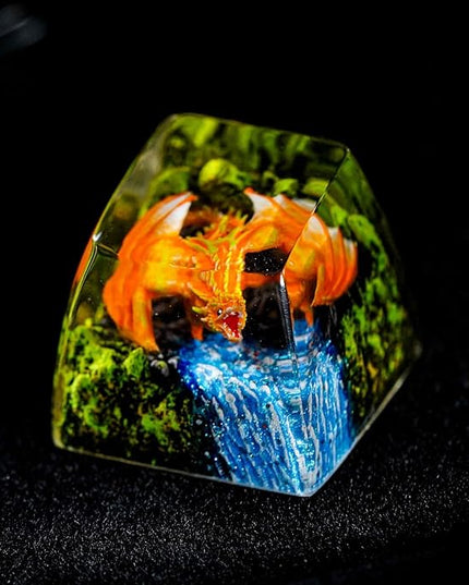Orange Dragon with Waterfall Artisan Keycap R1 SA Profile Custom Fantasy Dragons Keycaps 1U ESC Handmade Gaming Resin Key cap Cherry MX Switch Compatible Mechanical Keyboard Gift for Dragon Lover