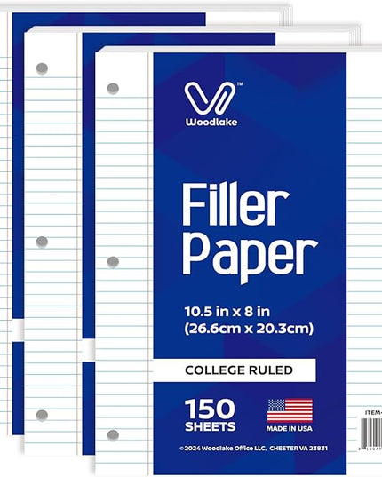 Woodlake Loose Leaf Paper, College Ruled Notebook Paper, 8 x 10.5”, 150 Sheets per Pack, 3 Pack Bulk Lined Filler Paper, 3 Hole Punched, 60gsm, Made in USA