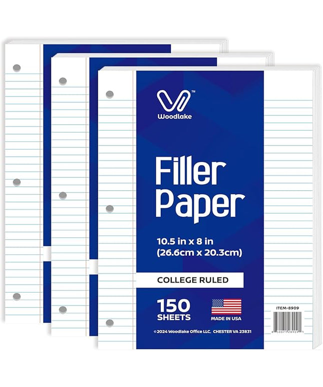 Woodlake Loose Leaf Paper, College Ruled Notebook Paper, 8 x 10.5”, 150 Sheets per Pack, 3 Pack Bulk Lined Filler Paper, 3 Hole Punched, 60gsm, Made in USA