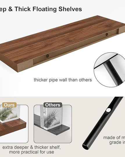12" Deep Walnut Floating Shelves,Over Toilet Long Wall Mounted Modern Farmhouse 36 inches,Wall Shelves with Invisible Brackets for Bedroom, Bathroom, Living Room, Kitchen, Set of 1