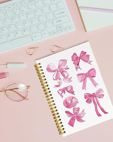 JKBMN Trendy Coquette Pink Bow Notebook Journal, Preppy Watercolor Bows Spiral Notebook, Cute Journaling Notebooks for Girls, Pink Office Supplies, Hardcover Spiral Notebooks College Ruled 5.5 x 8.3