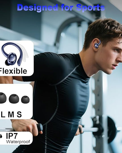 Wireless Earbuds Sport, New Bluetooth 5.4 Headphones with Earhooks, 50H Stereo Deep Bass Over Ear Buds with 4 ENC Noise Canceling Mics, IP7 Waterproof Earphones for Running Workout Gym -Blue