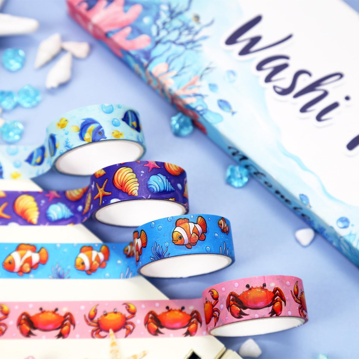 NIKOMIE 12 Rolls Blue Ocean Washi Tape Set, Cartoon Sea Animals Aesthetic Decorative Tape Waves Shells Dolphins Starfish Masking Washi Tape for Journaling Supplies, Scrapbooking, DIY Arts & Crafts