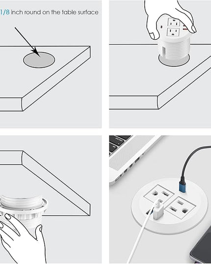 3-inch Desktop Power Grommet,Max 65W USB C Charger,2 Outlets and 3 USB, High-Speed Charging Station, Flush Mount Desk Hole Round Power Outlet, Recessed Power Strip,6ft Cord Flat Plug