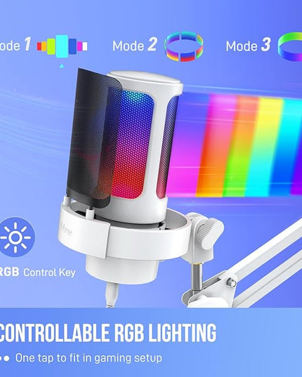FIFINE Gaming PC USB Microphone Kit, Condenser RGB Mic with Metal Boom Arm, Mute, Gain Knob, Headphones Monitoring, Streaming Microphone Bundle for PS4/PS5, YouTube, Discord, Twitch-A8T White