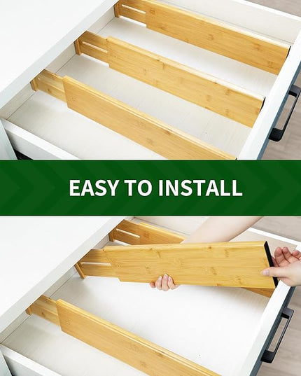 VaeFae 3 Pack Bamboo Drawer Dividers, 4" High Adjustable 11.9-17.1" Clothes Drawer Organizers, Expandable Separators for Bedroom/Bathroom/Kitchen/Office Storage