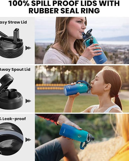 Insulated Water Bottle 32 oz, Triple Wall Vacuum Stainless Steel (Cold for 48 Hrs), Leak Proof & Non-BPA, Modern Water Flask Jug with Paracord Handle & Straw Spout Lids, Cyan Blue