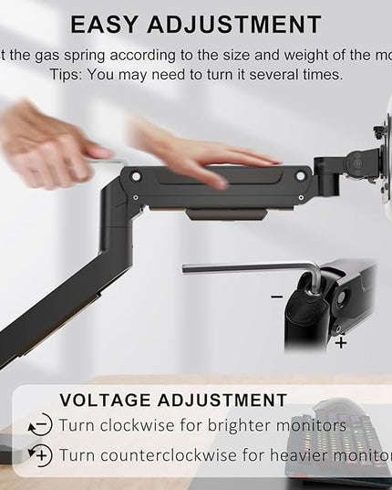 WALI Ultrawide Monitor Arm for 17-49 Inch Heavy Duty Curved Screens, Holds up to 44 Lbs, Adjustable Gas Spring Single Monitor Desk Mount with C-Clamp, Grommet Base, 75/100mm VESA, (GSM001XL), Black