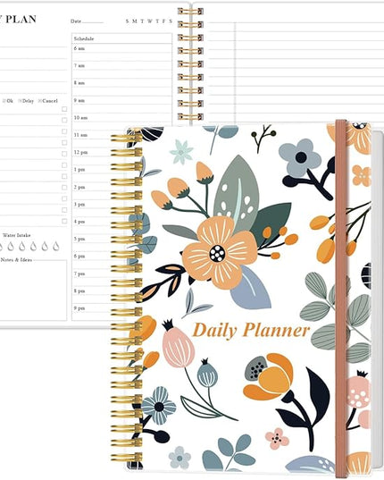Daily Planner Undated - B5 To Do List Notebook Hourly Schedules, Spiral Appointment Planner for Women and Men, PVC Hardcover, Inner Pocket, Elastic Closure, 7" x 10", Rose Flower