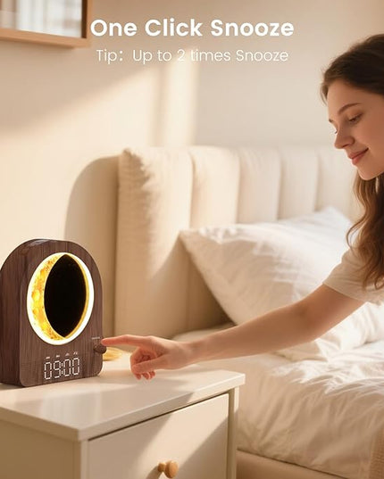 Sunrise Alarm Clock, White Noise Machine & Meteor Moonlight - 10 Soothing Sounds, Dual Alarms, 30/60/90min Timer, Easy Snooze - Bedroom Gift for Insomnia Adults/Women - Walnut
