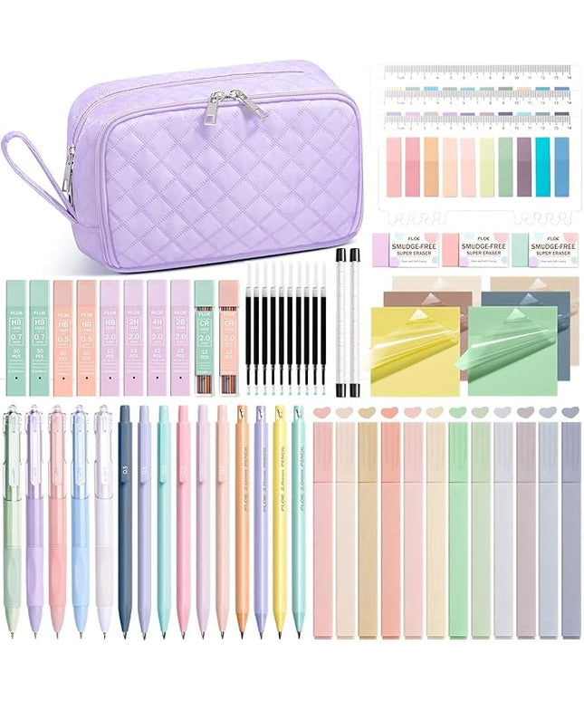 62PCS Aesthetic School Supplies with Cute Pencil Case, Pastel Highlighters Black Ink Gel Pens Mechanical Pencils Kit, Back to School Supplies College Essentials Preppy Stationary Set for Student Girls
