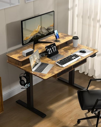 48 * 30 Inches Electric Standing Widened Desk Adjustable Height with 4 Drawers, Double Storage Shelves Stand Up Desk, Home Office Workstation Sit Stand up Desk (Rustic Brown)