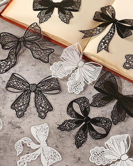 20Pcs Lace Bow Stickers for Scrapbooking Junk Journal Supplies Black White Bows PET Stickers for Journaling Scrapbook Sticker Pack Collage Vintage Decorative Sticker Stationery Decals for Crafts