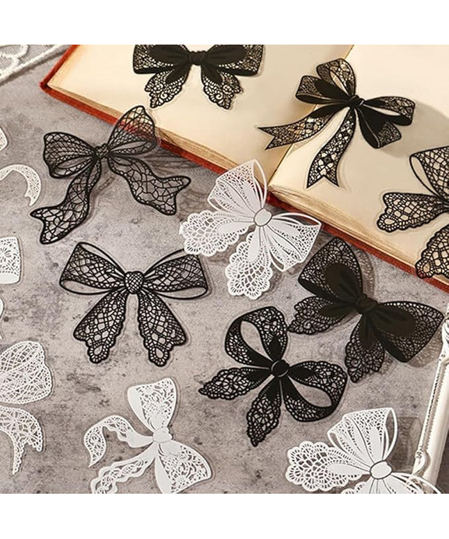 20Pcs Lace Bow Stickers for Scrapbooking Junk Journal Supplies Black White Bows PET Stickers for Journaling Scrapbook Sticker Pack Collage Vintage Decorative Sticker Stationery Decals for Crafts