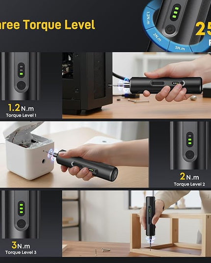 MrToNo Electric Screwdriver, Cordless Screwdriver Set, Power Screwdriver Set, 3 Torque Settings, 1500mAh Battery, 33 Magnetic Bits, LED Light, Rechargeable Tool for Furniture, DIY, Household Repair