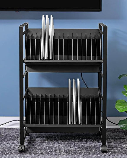 Line Leader 32-Device Mobile Charging Station | Steel Rolling Cart for Laptops, Tablets, & Chromebooks | Open Design with Dividers & UL-Certified Surge Protection | Portable Charging Stand (Black)