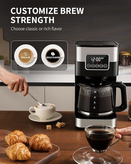 SHARDOR 10-Cup Programmable Coffee Maker, Regular & Strong Brew Drip Coffee Machine for Home and Office, Auto Shut Off, Permanent Filter, Silver