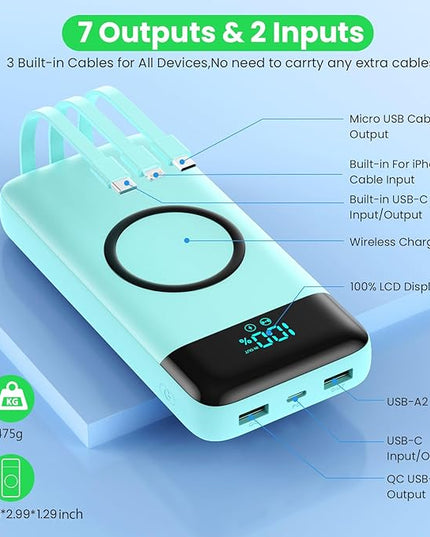 Wireless Portable Charger 40800mAh with 3 Built-in Cables,7-in-1 15W Wireless Charging Power Bank,25W PD QC 4.0 Fast Charging USB C LCD Display Battery Pack for iPhone 16/15/13,Samsung,Android-Green
