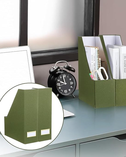 Gueevin Set of 6 Magazine File Holder Stylish Sturdy Cardboard File Boxes Desk Magazine Organizer Rack with Gold Label Holder to Organize Your Desk or Shelves for Home Classroom Office Library(Green)