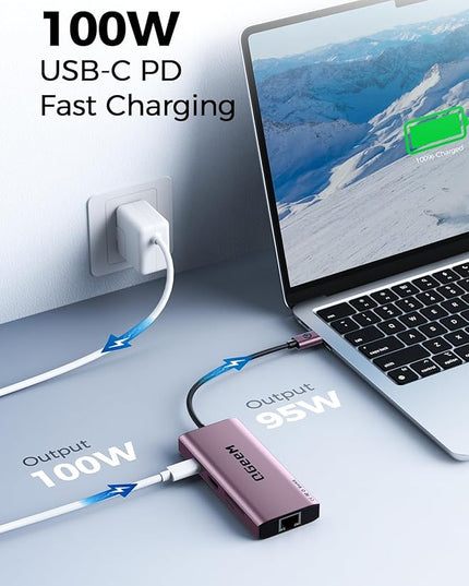 QGeeM USB C Hub Ethernet,9 in 1 USB Type C Hub HDMI Multi-Port Converter Adapter,100W Pd, USB 3.0,SD/TF Card Reader,Compatible for MacBook Pro Air Ipad HP Dell Lenovo Chromebook etc.-Violet