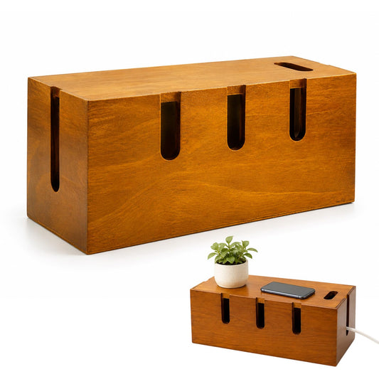 12" Acacia Wood Cable Management Box, Cord Hider Organizer