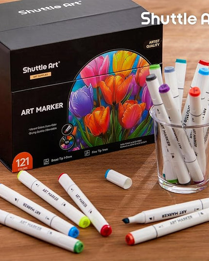 Shuttle Art 121 Colors Alcohol Markers, 120 Colors Dual Tip Art Marker Set Plus 1 Colorless Blender with Marker Case Perfect for Illustration Students Adult Coloring Sketching